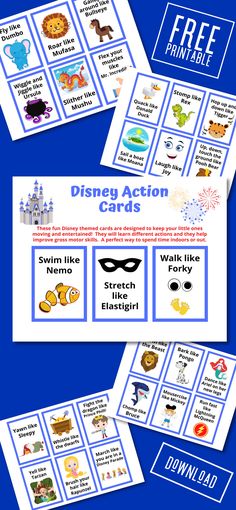 the disney action cards are shown on a blue background with free printable instructions for each card