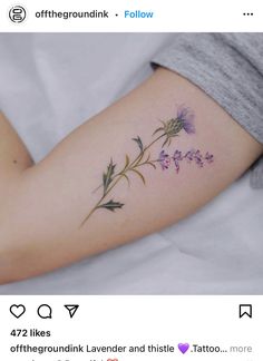 a woman's arm with purple flowers on it and the words, offthe groundink follow