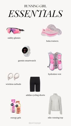 Running girl essentials, running girlie, pink aesthetic, long run, equipment, activewear, gear, Smartwatch, long sleeve, energy gels, Hoka trainers, Oakley glasses, running sunglasses, hydration vest, earbuds, cycling shorts, running shorts, compression socks, GPS watch, sports bra, running tights, foam roller, yoga mat, resistance bands, recovery sandals, nutrition supplements, trail running shoes, running socks, sunscreen for runners, blister prevention, fitness tracker, running hat, running gloves, windbreaker jacket, lightweight running jacket, and sports sunglasses #RunningGirlEssentials #PinkAestheticRun #LongRunGear #RunningGear #ActivewearStyle #RunningLife #RunnersWorld #FitnessGear #HokaTrainers #OakleySunglasses #HydrationVest #EarbudsForRunning #CyclingShorts #RunningShorts Amazon Running Essentials, Running Gear Aesthetic, Running Pink Aesthetic, Running Essentials Aesthetic, Runners Essentials, Running Must Haves, Pink Running Outfit, Runner Essentials, Running Essentials For Women