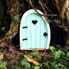 a small blue door sitting in the middle of a forest next to a large tree