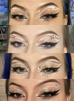 Raiders Makeup Ideas, Graphic Eye Shadow, Rave Outfits Lost Lands, Rave Graphic Liner, Rave Eyeliner Looks, Space Rave Makeup, Techno Eye Makeup, Ashniko Concert Outfit, Graphic Liner With Gems