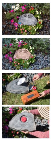 four different pictures of stepping stones in the grass with flowers and rocks around them,