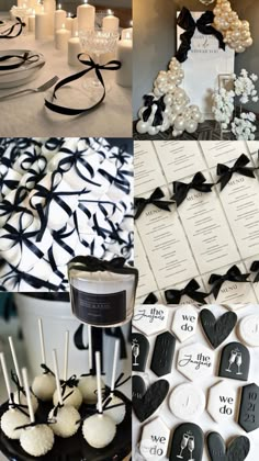 a collage of black and white wedding decor with candles, cake pops, place cards