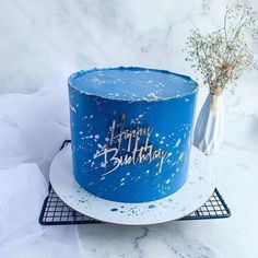 a blue birthday cake sitting on top of a white plate