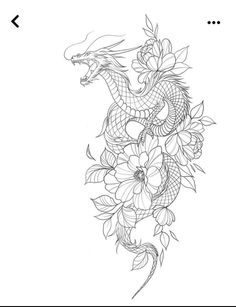 a tattoo design with flowers and a dragon on it