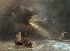 two boats are in the water with dark clouds above them and one boat is sinking