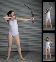 a woman in white bodysuit holding a bow and arrow