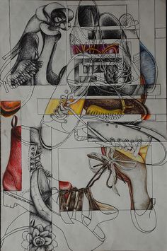 a drawing of shoes and other items on paper