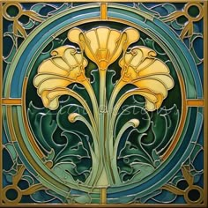 an art nouveau style stained glass panel with yellow flowers