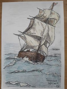 a drawing of a sailboat in the ocean with waves coming up on it's side