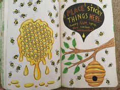 an open children's book with drawings of bees and honeycombs on it