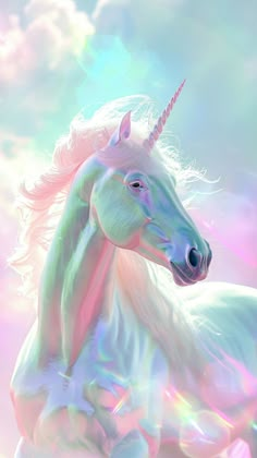 a white unicorn with long manes standing in front of a blue sky and clouds