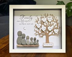 a family tree with rocks in front of it