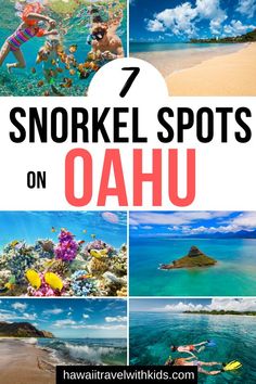 several pictures with the words 7 snorkel spots on oahuu in red