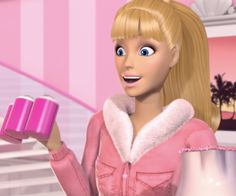 a cartoon image of a blonde woman holding two cups in one hand and a pink cup in the other