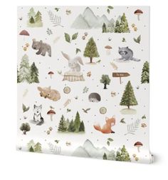 an animal themed wallpaper with trees, animals and mushrooms on white paper in the background