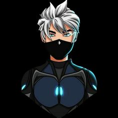 an anime character with white hair and blue eyes wearing a black mask, standing in front of