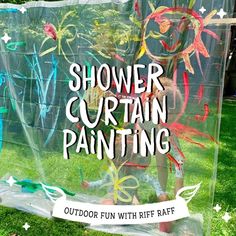 Shower Curtain Painting! Such a great outdoor activity for the school holidays! 

You're gonna need: 
👩‍🎨Clear plastic shower curtin
👩‍🎨Twine
👩‍🎨Washable Kids Paint
👩‍🎨Paint brushes
👩‍🎨Large Rocks
👩‍🎨Large bowl
👩‍🎨Sponges
👩‍🎨Water
👩‍🎨Dish soap

Tie the shower curtain up with the twine. To prevent the curtain liner from blowing in the wind you can secure it on the bottom with a few large rocks. Painting On Shower Curtain, Shower Curtain Painting Activity, Shower Curtain Painting For Kids, Outdoor Painting For Kids, Shower Curtain Painting, Outside Painting, Curtain Painting, Outdoor Activities For Toddlers, School Holiday Activities