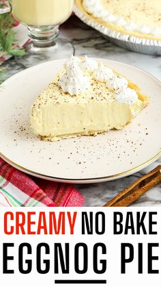 a slice of creamy no bake eggnog pie on a plate