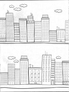 a cityscape with buildings and clouds in black and white, drawn by hand