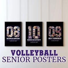 three posters with the words volleyball senior posters in purple and blue on them are hanging up against a white wall