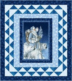 a quilt with an image of two polar bears and one bear cub in the center