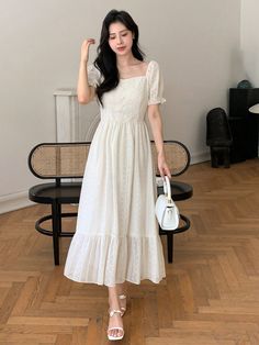 White Casual Collar Short Sleeve Fabric Plain A Line Embellished Non-Stretch  Women Clothing Cotton Frocks For Women, White Victorian Dress, Frock Designs For Women, Frock Models, White Frock, Simple Frock Design, Sweetheart Neck Dresses, Simple Frocks, Fancy Frocks