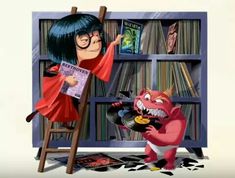 a cartoon character holding a record in front of a bookshelf filled with books