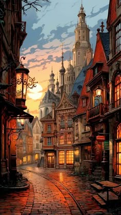 a painting of an old european town at night with street lights and clock tower in the background