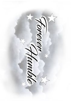 the words are written in black and white with stars around them on a cloud background