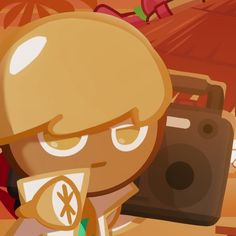 a cartoon character holding a camera in front of an orange background with other characters around it