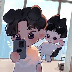 an animated image of two children taking a selfie