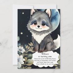 a card with an illustration of a fox on it's front and the words, whatever is turning one