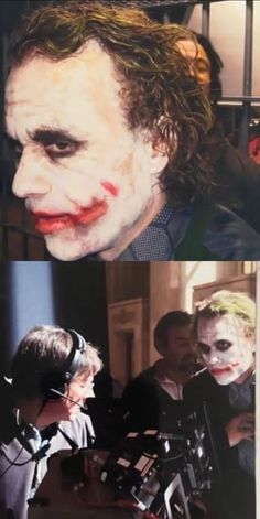 the joker is being filmed in two different scenes, one with his headphones on