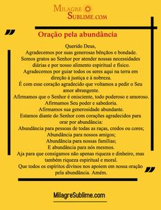 an orange and black poster with the words, oracao pela abundancea