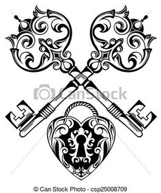 two crossed swords in the shape of a heart with an ornate border and keyhole