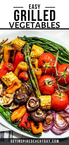 grilled vegetables on a white plate with text overlay