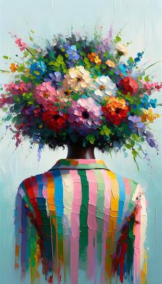 a painting of a woman's head with colorful flowers on her hat and striped shirt