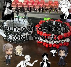 bungo stray dogs rotating cuffs and bracelets with anime characters in front of them