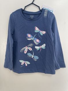 Carter's Kid Girl Colorful Floral Butterfly 100% Cotton Long Sleeve Shirt Blue 4.  Condition is New with tags. Shipped with USPS Ground Advantage.