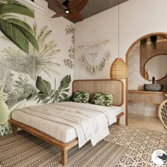 a bed sitting in a bedroom next to a wall with palm leaves on it's side