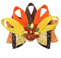 Bows are varying widths but mainly between 4"-5" wide. Clips are attached to back. Turkey Hair Bow, Turkey Bow, Thanksgiving Hair Bows, Thanksgiving Bow, Thanksgiving Hair, Fancy Bows, Fall Bows, Girls Stuff, Dog Flower Collar