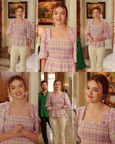 a collage of photos of a woman in pink and white plaid shirt with green blouse