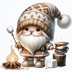 a watercolor painting of a santa clause cooking marshmallows next to a campfire