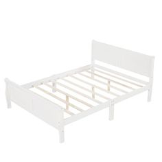 a white bed frame with wooden slats