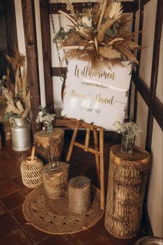 a sign that says welcome to the bride and groom in front of some other decorations