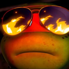 a close up of a face wearing sunglasses with fire in the glasses on it's eyes