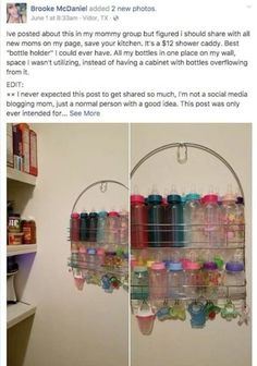 two pictures of shelves with bottles and cups on them, one has a hanging rack