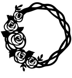 a black and white drawing of a wreath with roses on it's sides, in the shape of a circle