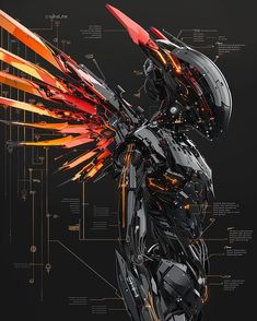 a futuristic robot with red and orange wings